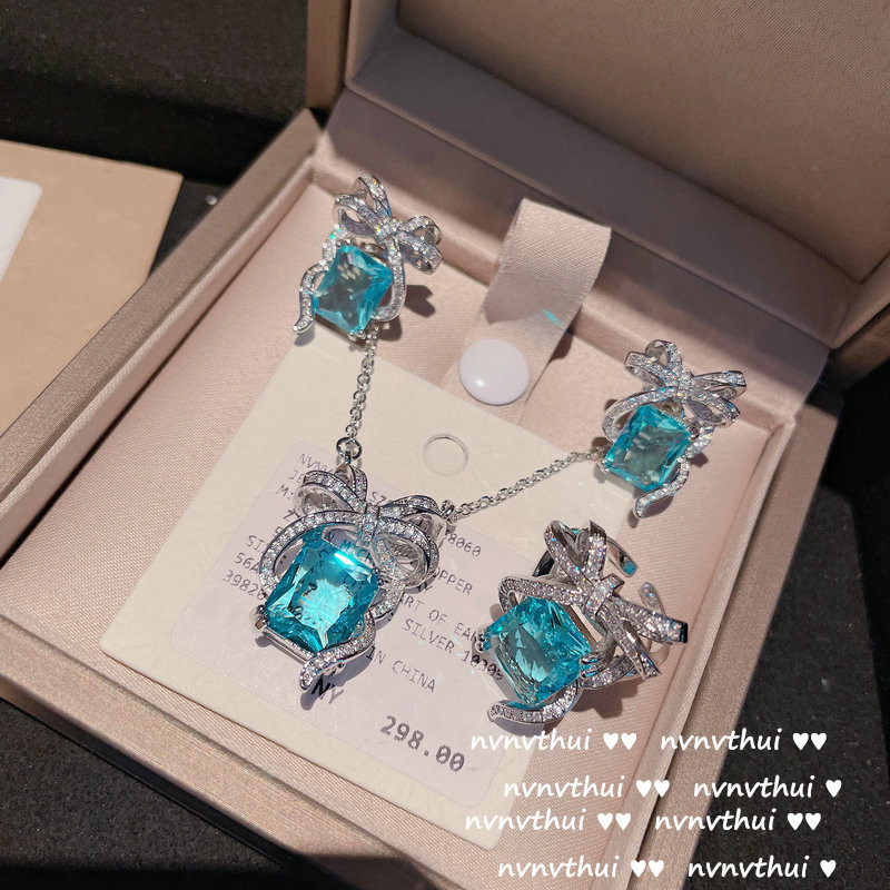 brillant Meer Blau CZ Stein Schmuck einstellen Damen Silber Farbe Bowknot Hochzeit Engagement Braut Partei Schmuck