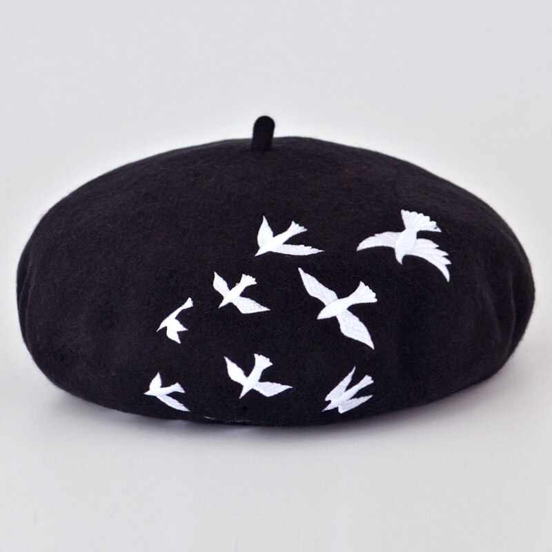 Boinas de lana de fieltro para mujer, Boina de artista bordada, gorro plano, sombreros de azafata para mujer: Negro