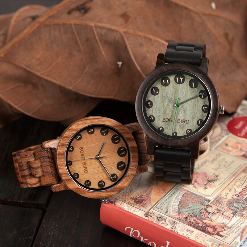 Bobo bird  wn24 n 25 houten horloge zabra ebbenhouten horloges voor heren, oosterse arabische cijfers wijzerplaat, horloge met gereedschap om de maat aan te passen