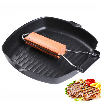 Non-Stick Steak Frying Pan Cast Iron Steak Grill Pans Frying Pan Wooden Handle Folding for Kitchen Fry Cooking Steak