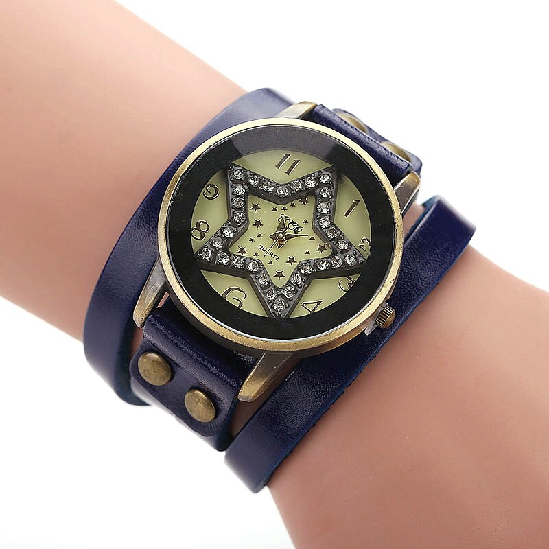 Jessingshow Dames Quartz Horloge Eenvoudige Digitale Wijzerplaat Mode Vijfpuntige Ster Lederen Band Horloge Casual Wear Klok Reloj Mujer: Blue