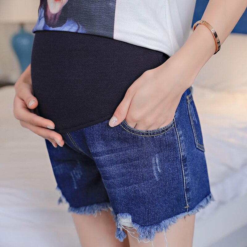 Pantalones vaqueros cortos rotos para mujer, ropa de maternidad con vientre ajustable, para preganné, ropa de embarazo con agujero, talla grande