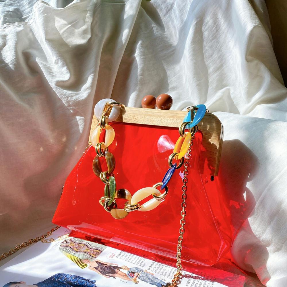 Acryl dames transparante gelei tassen retro houten clip tas dames schouder messenger tassen ketting crossbody tassen