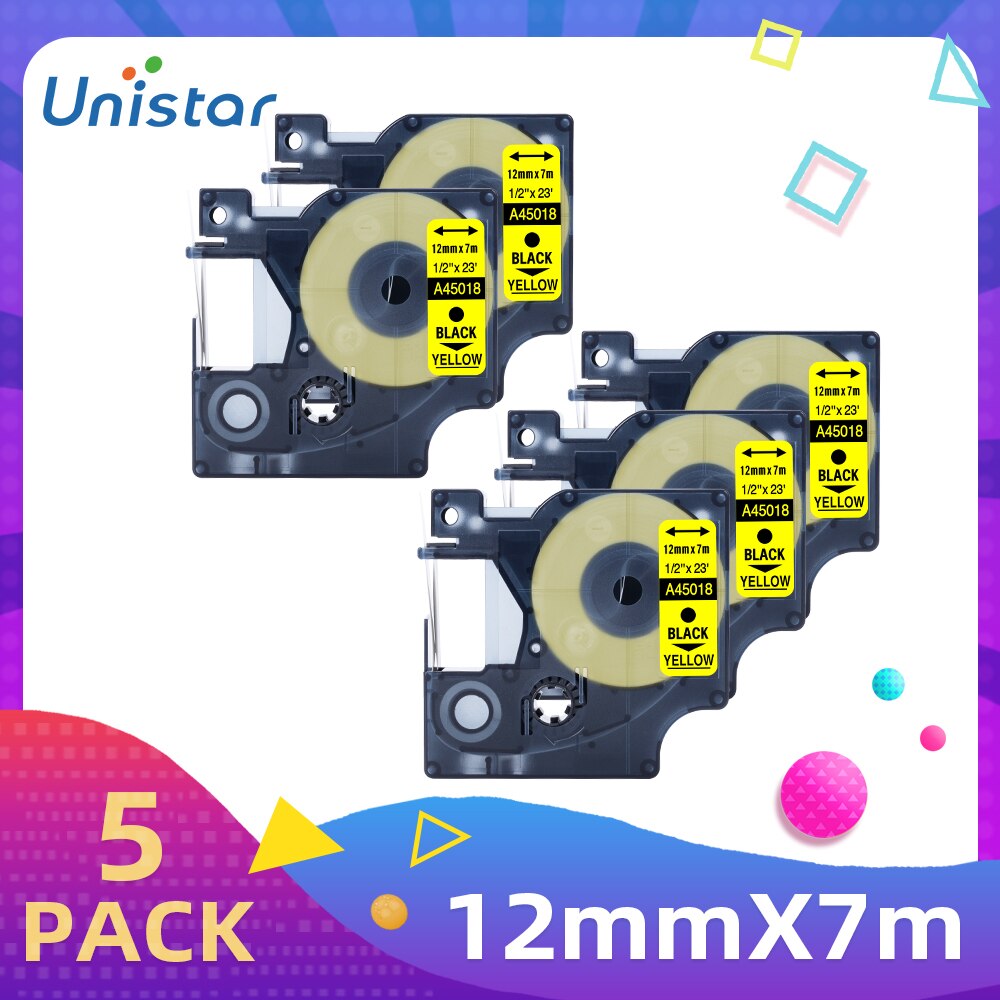 Unistar 10Pack A45018 czarny na żółtych taśmach kompatybilny z drukarka etykiet DYMO LabelManager 210D do wkładu D1 taśma z etykietami A43618: Black on Yellow 5P / 9mm