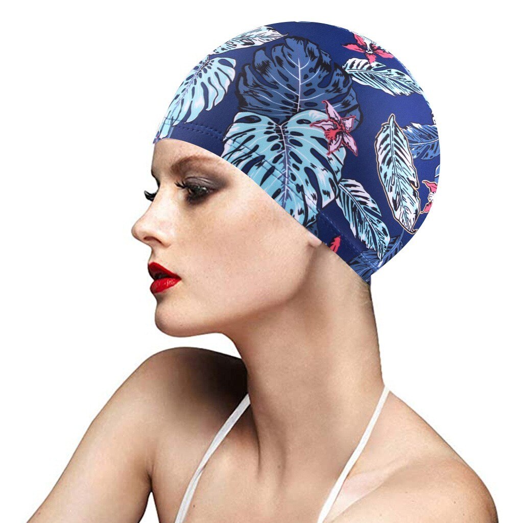 1pc moda boné de natação masculino/feminino flores impresso cabelo longo esportes nadar piscina banho chapéu elástico náilon turbante esportes acessório: E