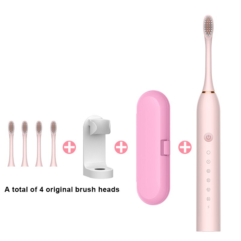 Sonic Electric Toothbrush Ultrasonic Automatic USB Rechargeable IPX7 Waterproof Whitening Teeth Tooth Brush Head Holder Adult: pink 4 head set