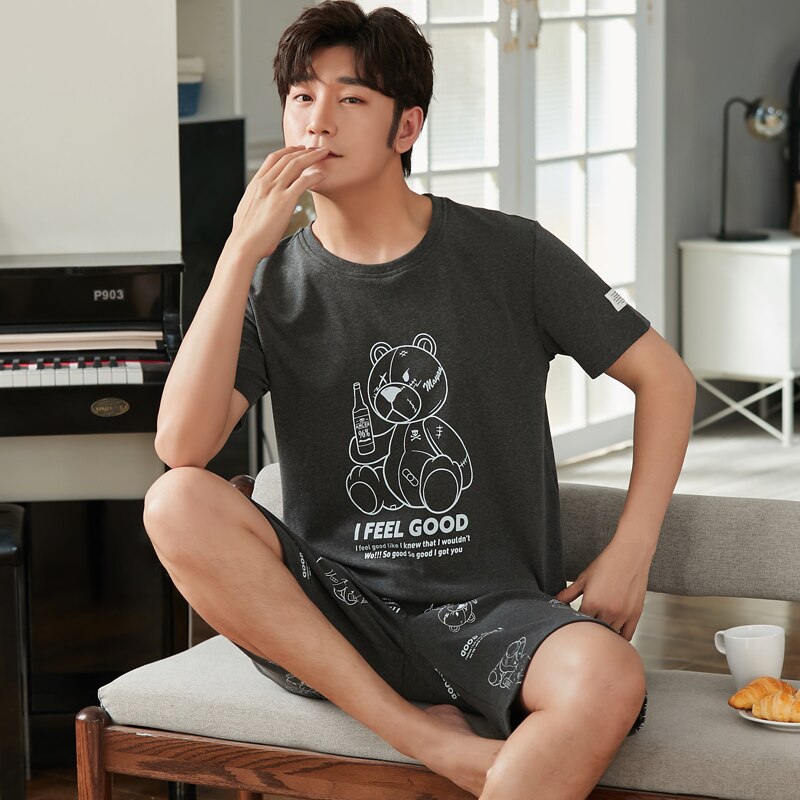 SONG Summer Men's Pure Cotton Pajama Sets Short Sleeve Simple Style Cartoon Handsome Casual Pyjamas Home Wear