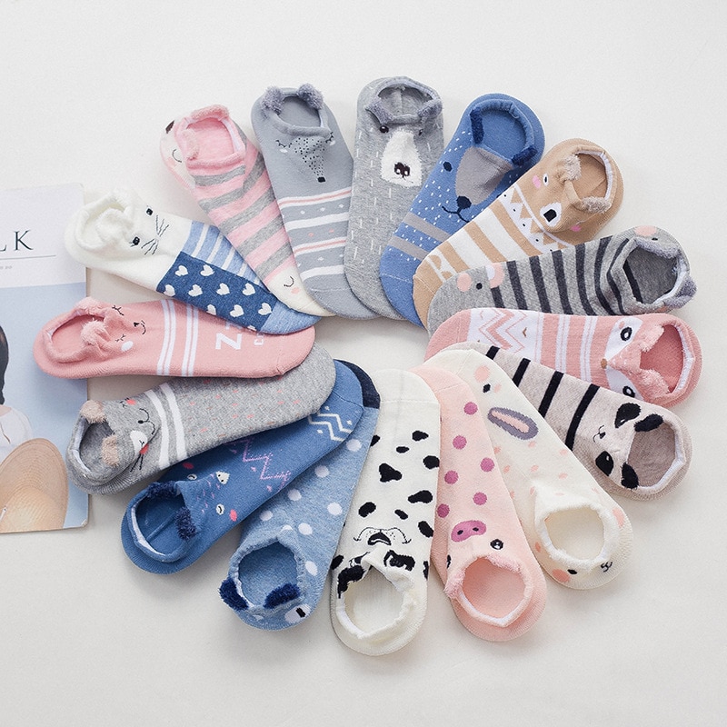 2 piezas = 1 par de calcetines de mujer, calcetines estéreo de dibujos animados de animales, calcetines de algodón escotado, calcetines invisibles para verano