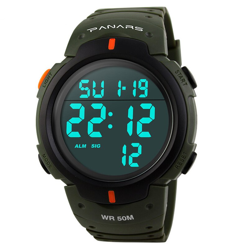 Outdoor Sport Horloge Mannen Grote Wijzerplaat Multifunctionele Digitale Horloge Voor Mannen 5ATM Waterdichte Horloges Wekker Reloj Hombre 1251: Army green Watch