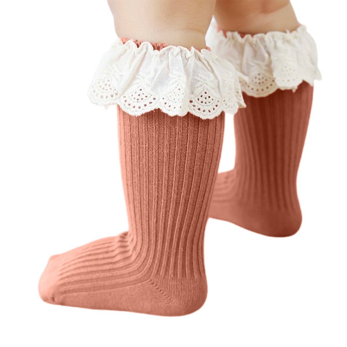 Calcetines de encaje de princesa para bebé y niña, medias de punto acanalado de Color sólido antideslizantes de tubo medio, calcetines de chico puños dados vuelta con volantes para el suelo