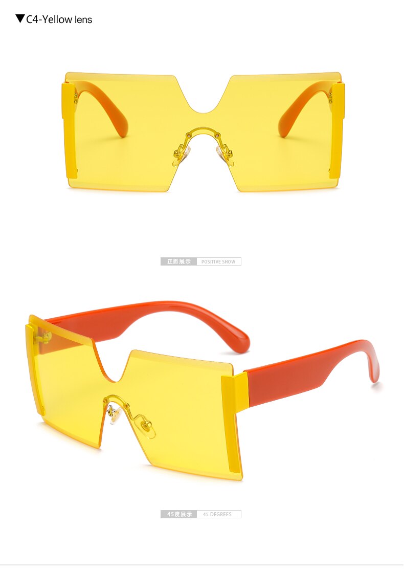 Oversized Square Rimless Sunglasses Women Brand Flat top Big Sun Glasses Female One Piece Travel Gafa de sol 6931: C4 yellow lens