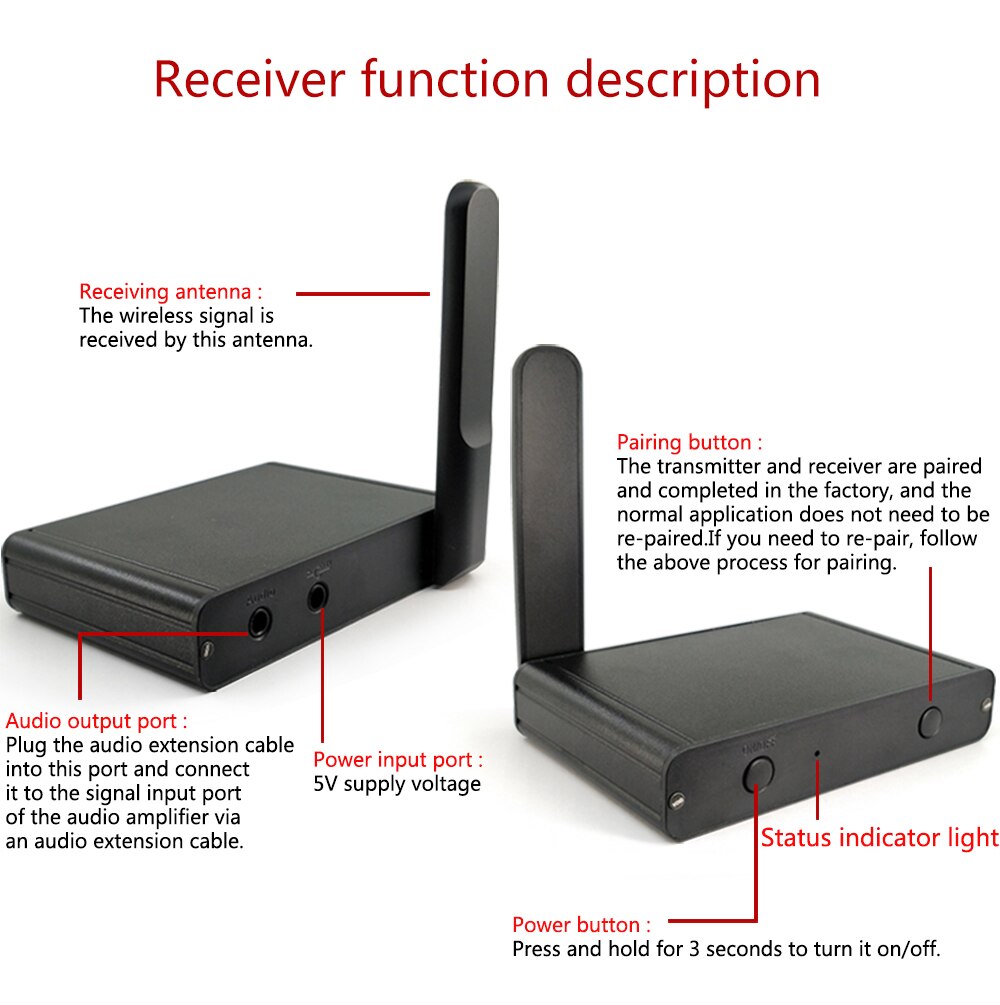 Uhf hifi digital trådløs lyd sender/mottaker adapter trådløs musikk lyd avsender mottaker med 3.5mm rca lydkabel