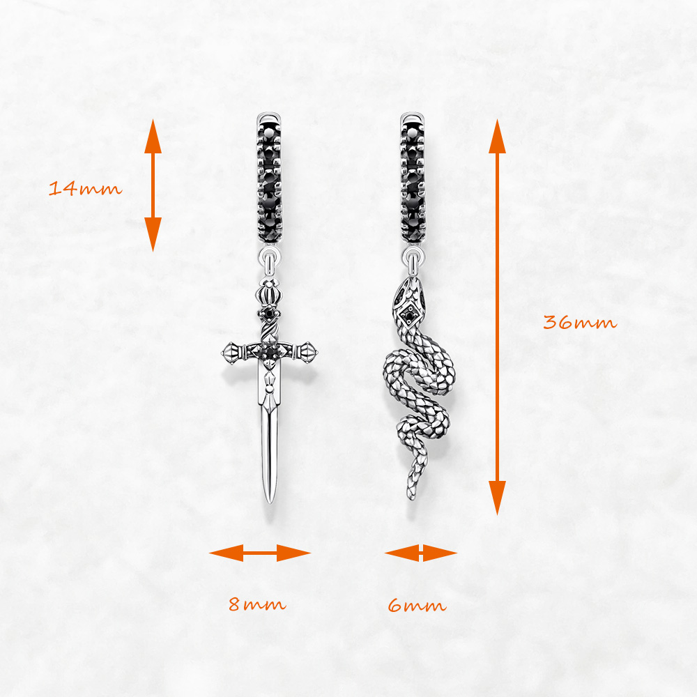 Creolen, geschwärzte Schlange und Schwert, europäischer Stil, Jahrgang-Edelschmuck für Damen und Herren, aus massivem 925er-Sterlingsilber