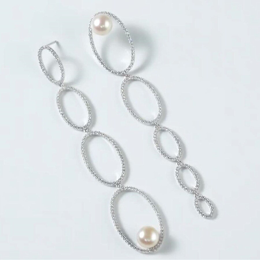 Meibapj 925 sterling sølv brolagte zirkon sten asymmetriske multi cirkler perle lange øreringe til kvinder smykker