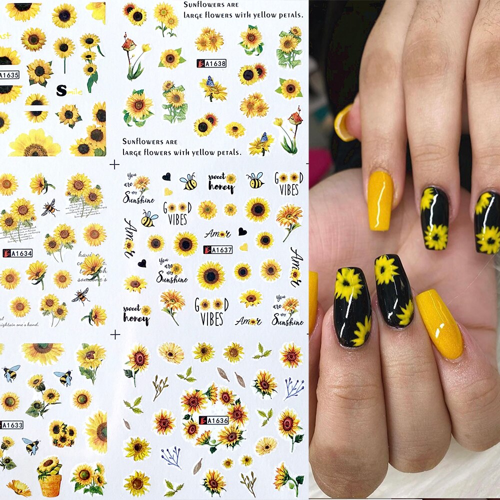 12pcs Spring Flower Nail Stickers Sunflowers Deisgn Water Transfer Decals DIY Nail Art Watermark Manicure Manicure Decor