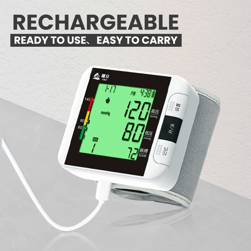 Rechargeable Wrist Blood Pressure Meter Electronic Automatic Sphygmomanometer Blood Pressure Monitor with Three-color Backlight