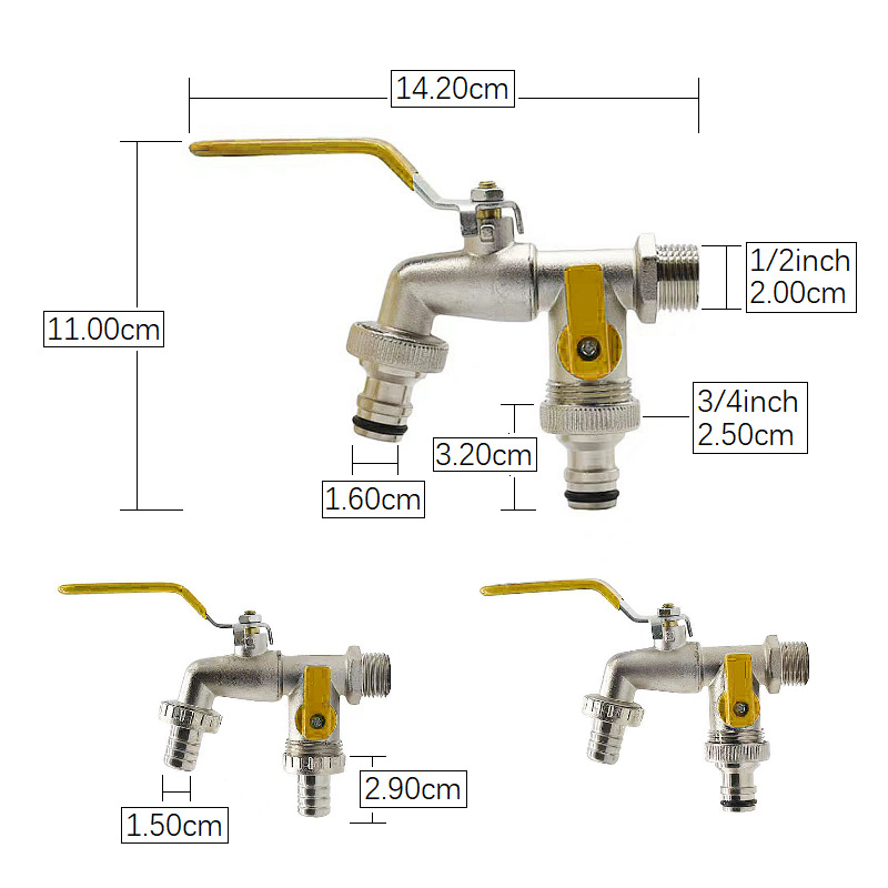Outdoor Double Water Tap Faucet Exterior Garden Hose Faucet Adapter 1/2" IBC Water Tank Connector 1-Way 2-Way Brass Tap