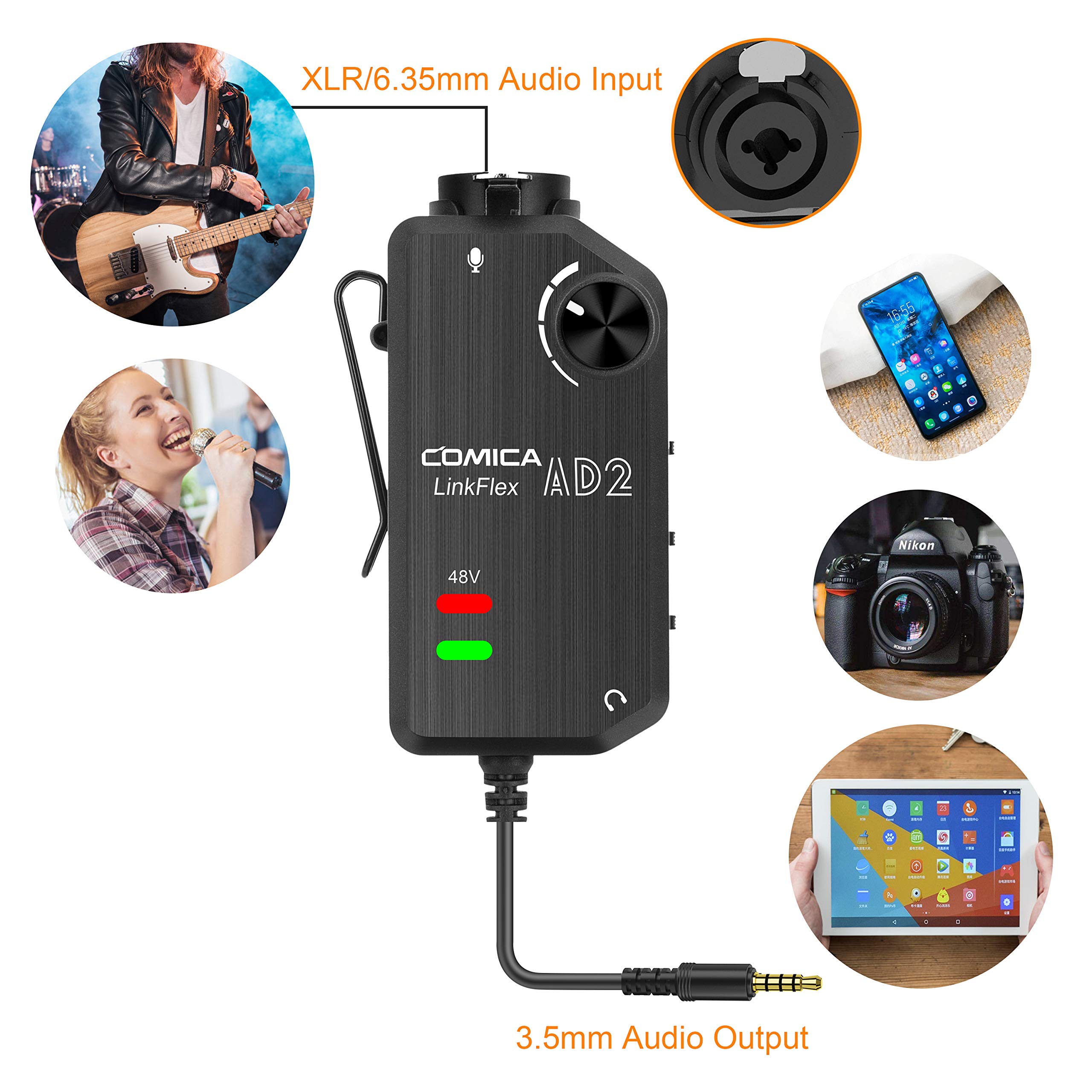 COMICA Linkflex AD2 Audio Interface 6.35mm Guitar Interface with Phantom Power For iPhone,iPad, iPod, Android, Nikon, Canon