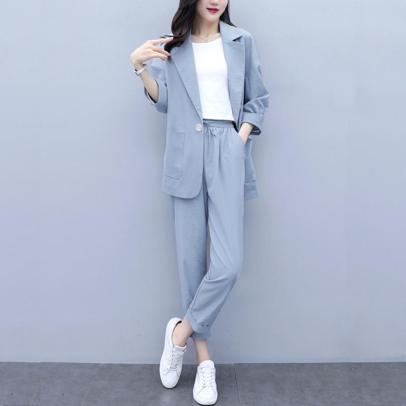 Casual Solid Women Pant Suits Notched Collar Blazer Jacket & Pencil Pant Female Suit Autumn OL Office Wear Blue Women Suits