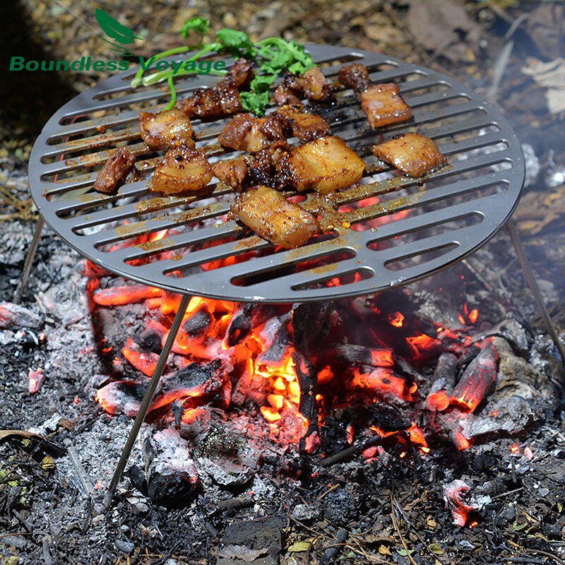 Grænseløs rejse sammenfoldelig lejrbål grill titanium rund bbq grillnet med ben bæretaske udendørs trækul gitterjern  ti15161b