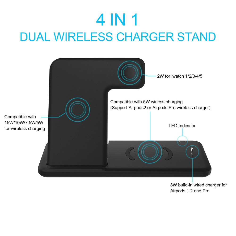 Fdgao 4 in 1 qi trådløs opladerstation 15w hurtigopladningsstander til iphone 11 pro x xr xs max apple watch 5 4 3 2 1 airpods pro