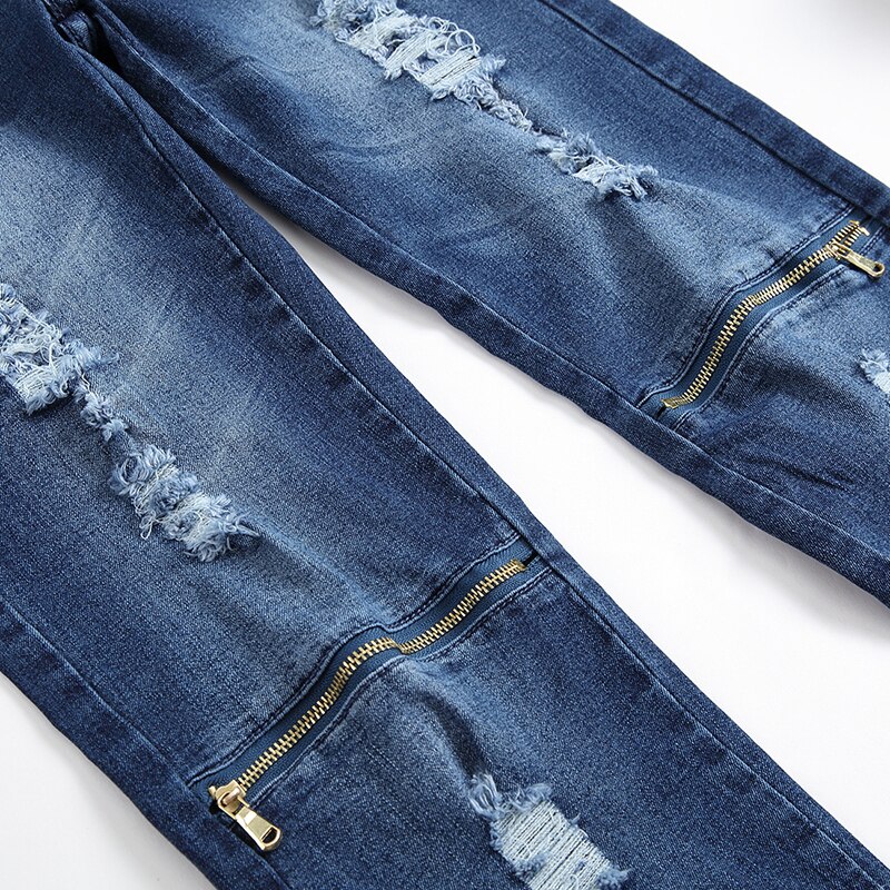 Men Straight Dark Blue Street Trendy Men's Jeans Ripped Jeans Printed Ripped Cotton Jeans