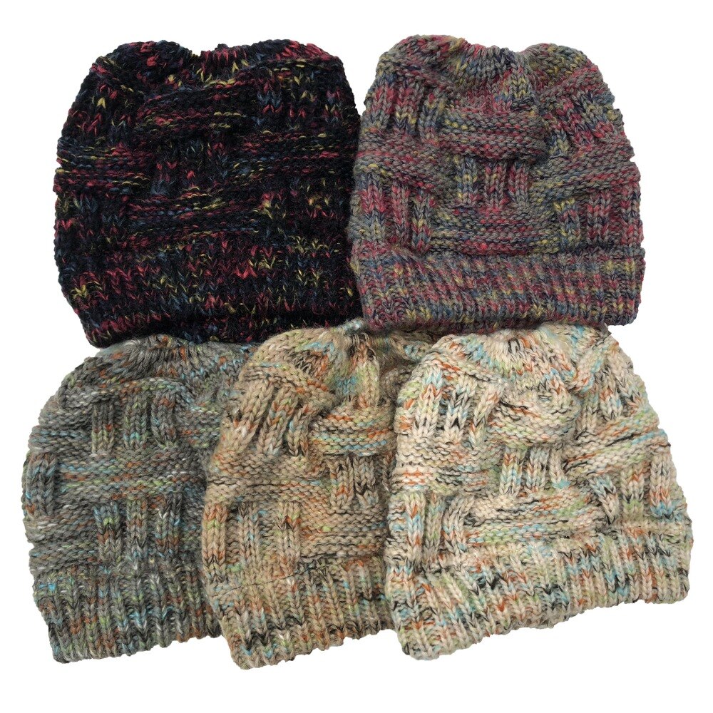 Vinter kvinner hatt damer jente tøye ut strikk hatmessy bolle hestehale lue holey varme hattemaker caps til kvinner