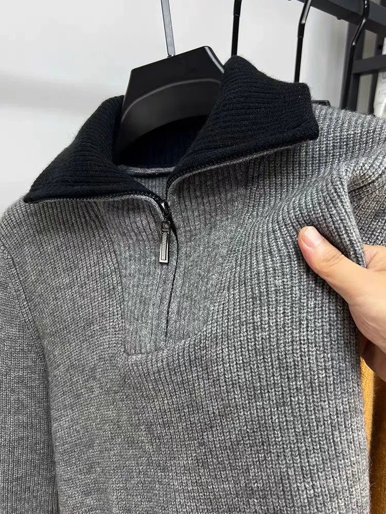 High-end mærke trend herre sweater med halv lynlås efterår vinter afslappet fortykket ensfarvet højhalset strikket pullover: 4xl / Grå