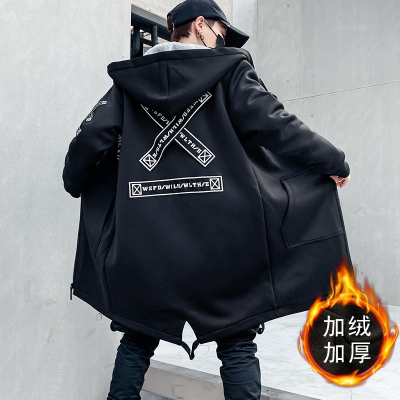 Fleece Winter Jacket Men Printed Japanese Hooded Long Trench Coat Black Hip Hop Streetwear Thick Jacket Mens Windbreaker Coat