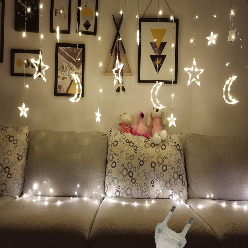 Guirlande lumineuse LED pour rideau de fées, en forme d'étoile, de lune, pour noël, pour la maison, pour une fête de mariage, pour le jardin, avec piles AA: Warm EU 220v
