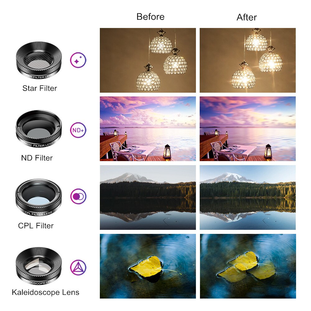 Apexel 11 In 1 Camera Phone Lens Kit Groothoek Macro Full Color/Grad Filter Cpl Nd Ster Filter voor Iphone Xiaomi Smartphone