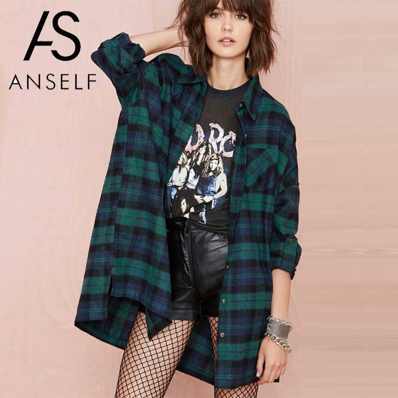 Anself femmes grande taille chemises à carreaux femme surdimensionné chemise Tartan poche col rabattu à manches longues coton décontracté femme hauts