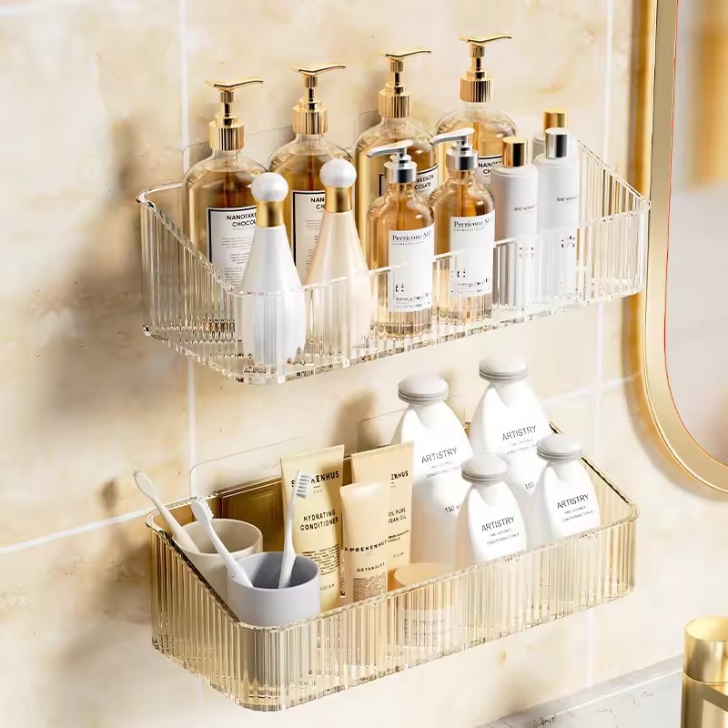 Rack de armazenamento de cosméticos montado na parede de canto plástico sem furo necessário organizador para acessórios de banheiro