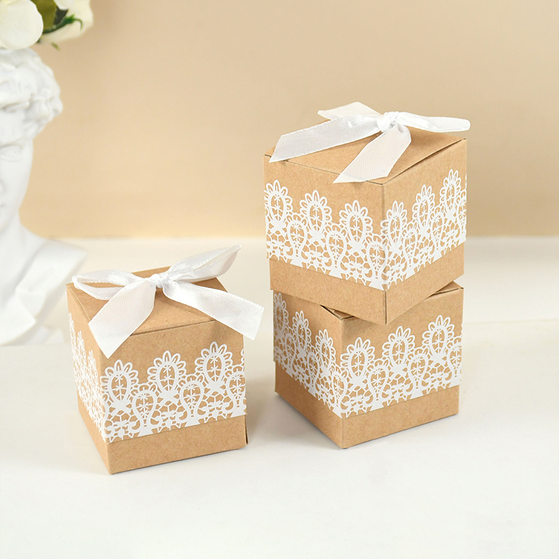 Caja con lazo de encaje para dulces, caja de papel Kraft con cintas, caja de de cumpleaños y boda, 10 piezas