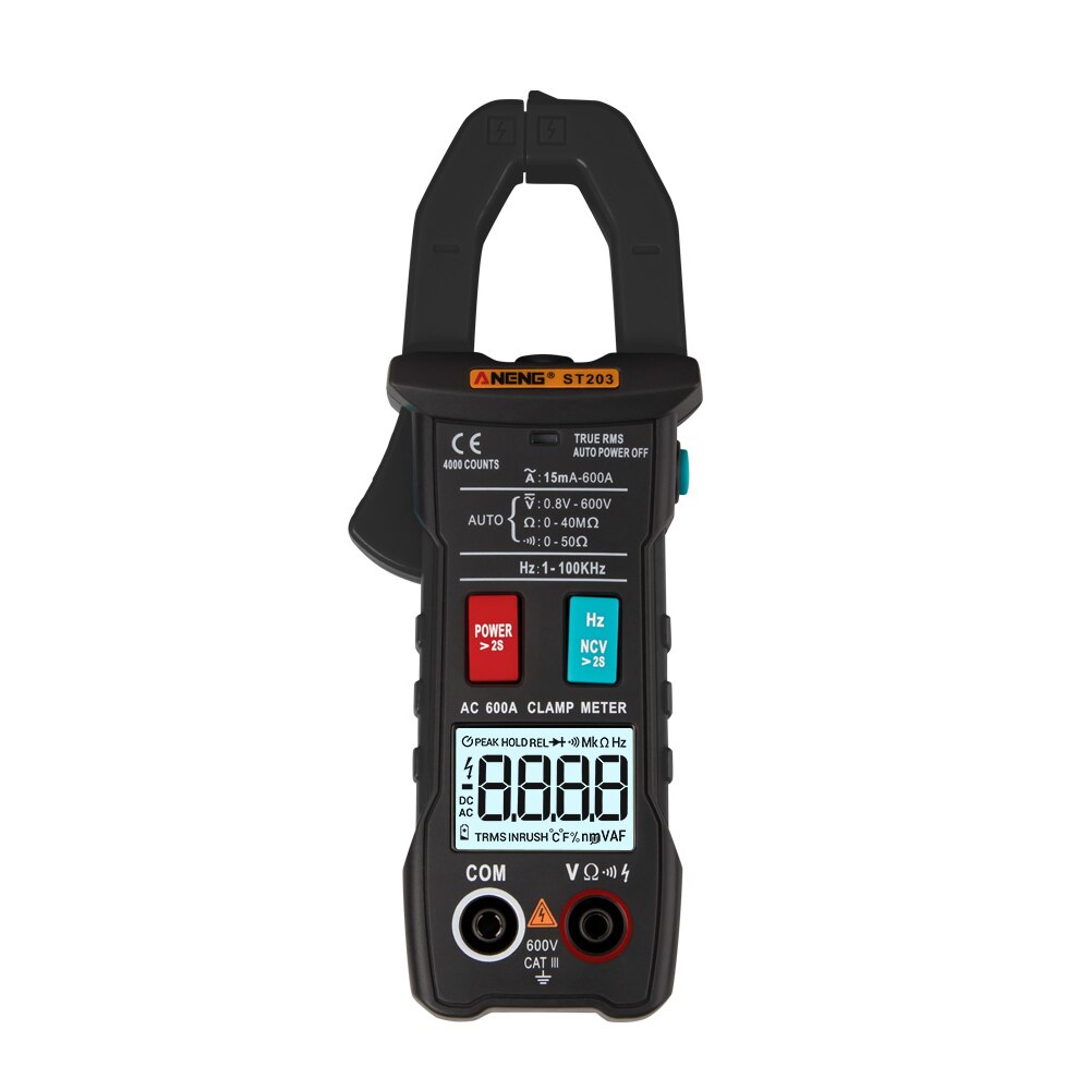 ANENG ST203 4000 Counts Full Range True RMS Digital Multimeter Clamp Meter AC/DC Voltage NCV Resistance Auto Range Flashlight: Black