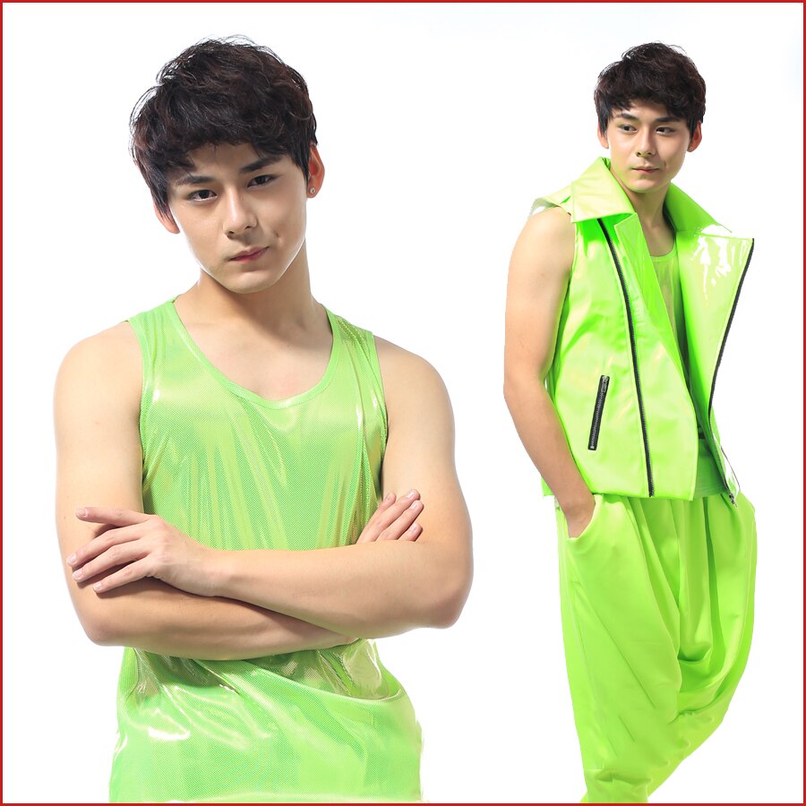 Novos homens traje de dança néon verde topo sem mangas bar dj traje rua wear jazz dança traje masculino boate roupas bl2068