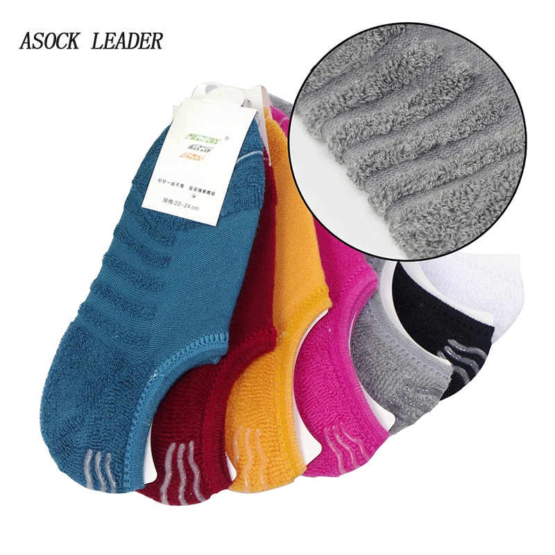 Calcetines de algodón con fondo de toalla para mujer, medias de silicona antideslizantes, invisibles, 5 par/lote, primavera y otoño,