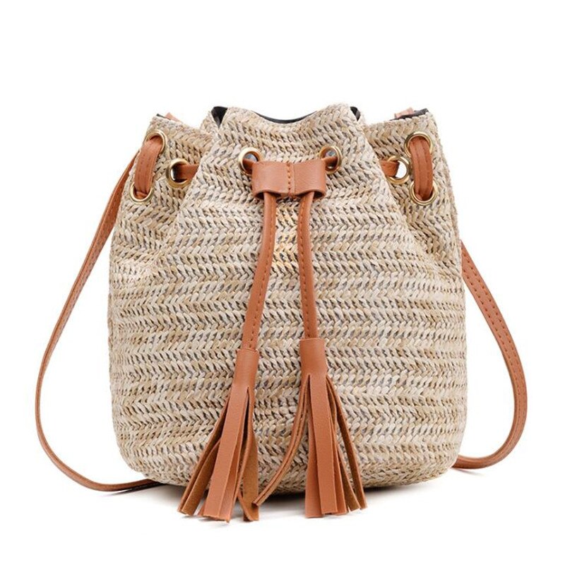 Zomer Vrouwen Kwasten Emmer Crossbody Schoudertas Strand Straw Woven Draagtas Stro Tassen: brown