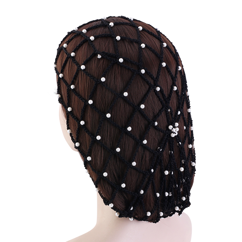 Rayon Hair Net Beaded Pearl Crochet For Women Solid Color Elastic Snood Casual Ladies Hair Accessories