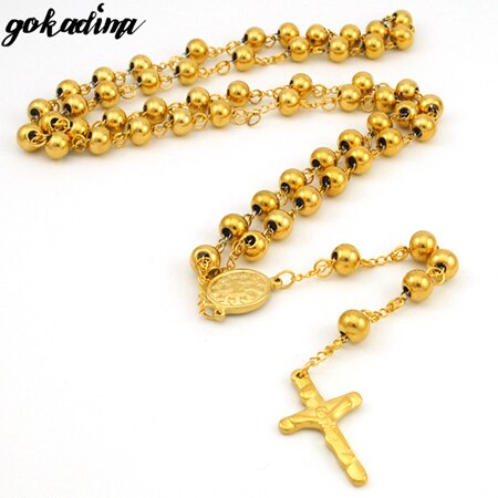 Gokadima 8mm, jul religiøse smykker katolsk, rustfrit stål halskæde kors til mænd perler rosenkrans halskæde wrn 03: Guldfarve