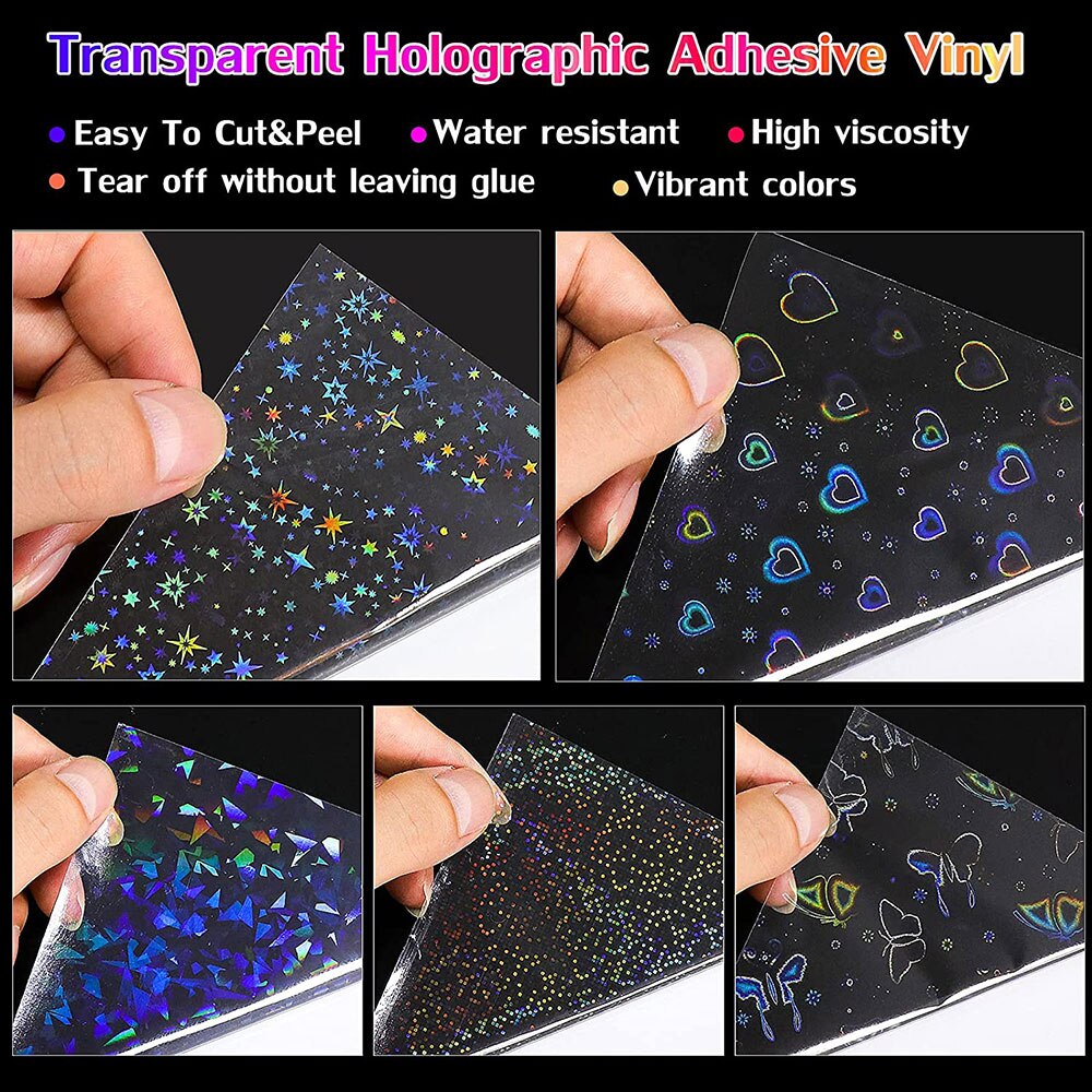 10 Vel Koudlamineren Film Holografische Regenboog Liefde Hart Vorm Transparante Holografische Zelfklevende Sticker Diy Telefoon Case