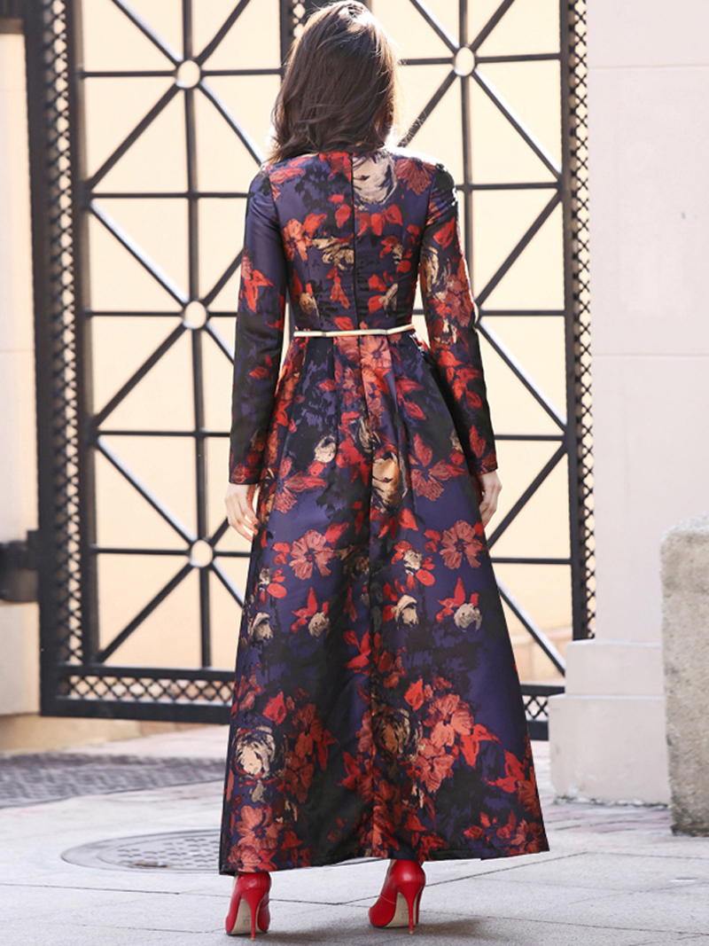 Plus Size Moslim Vrouwen Lange Mouw Lange Maxi Dubai Abaya Jurk Mode Bloemen Jacquard Jurk Fall Vintage S-4XL
