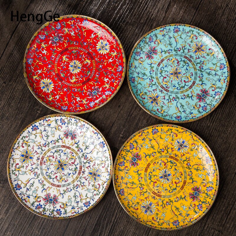 Chinese Ceramic Plates Golden Stroke Enamel Decorative Porcelain Dinner Plate Dinner Steak Pasta Dishes Restaurant Serving Tray