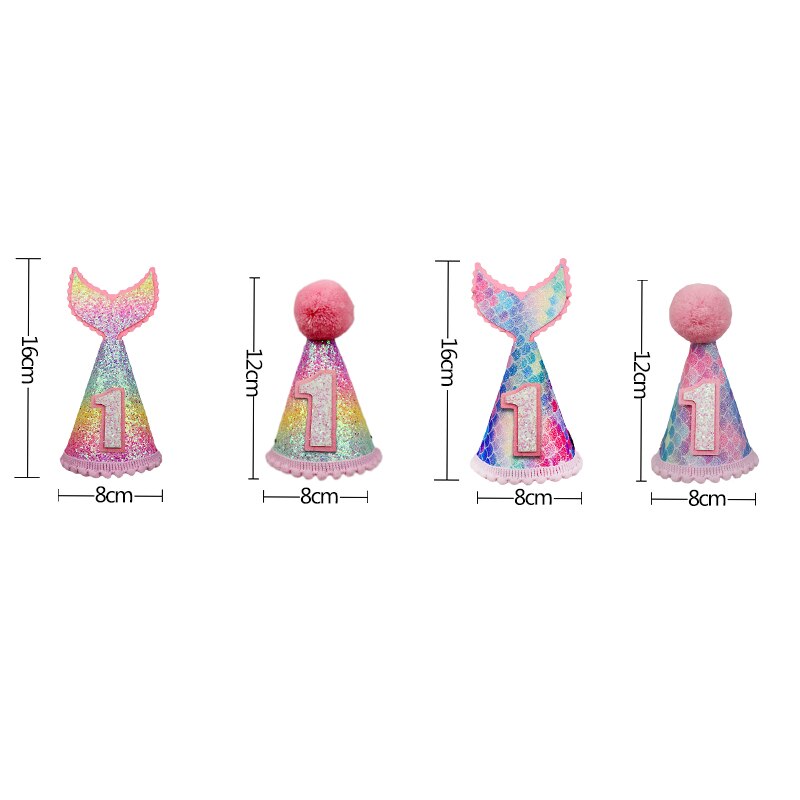 Happy Birthday Hat 1st 2nd 3rd Year Old Kids Girl Birthday Baby Shower Mermaid Tail Headband Hat Decoration Party Supplies