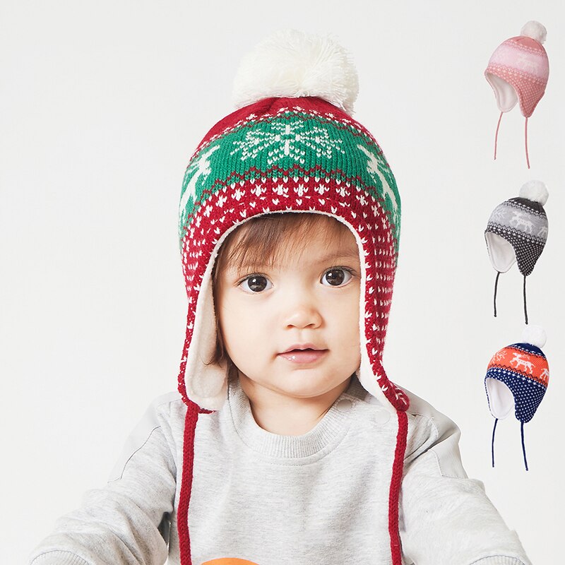 Chapeau avec oreillettes de noël pour enfants, bonnet d'hiver épaissi en tricot , accessoires pour bébés, garçons et filles