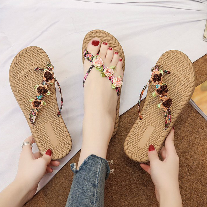 Zapatos de cáñamo para mujer, sandalias cruzadas de playa, chanclas con flores, cómodos, para verano