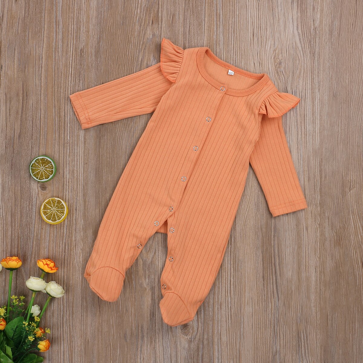 Ropa de bebé de 0 a 6M, primavera y otoño, mono de botón sólido con volantes, conjuntos de ropa de 2 uds.