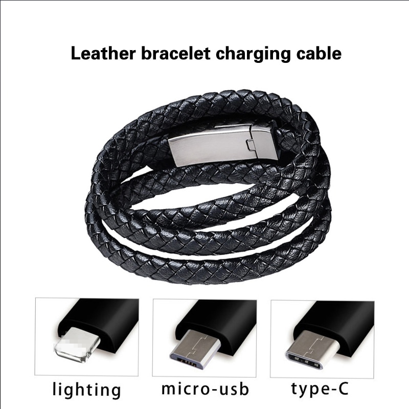 Cable cargador de pulsera de cuero tipo C para IPhone 7 y 8, Cable USB de carga de datos, Cable de sincronización para teléfono Android,