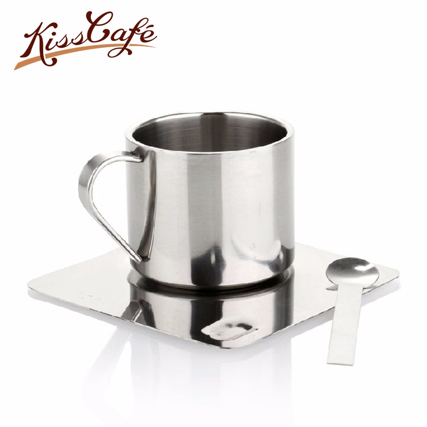 100 ml Dubbele Rvs Koffie Mok en Schotel Set Isolatie Coffee Cup met Lepel Koffie Thee Water Cup met Handvat