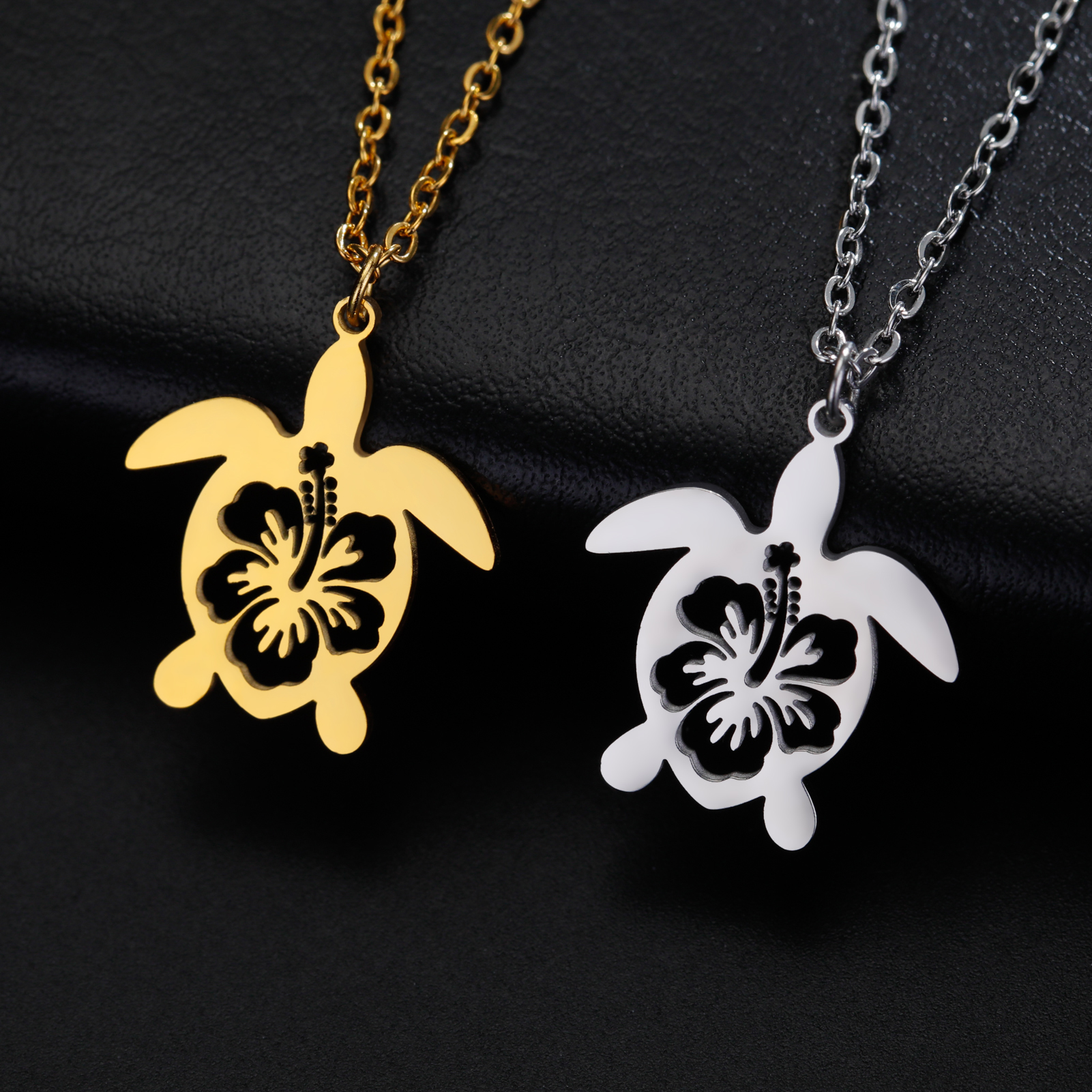 Hollow Flower Pattern Sea Turtle Pendant Necklace Stainless Steel Tortoise Animals Choker Necklace For Women Jewelry